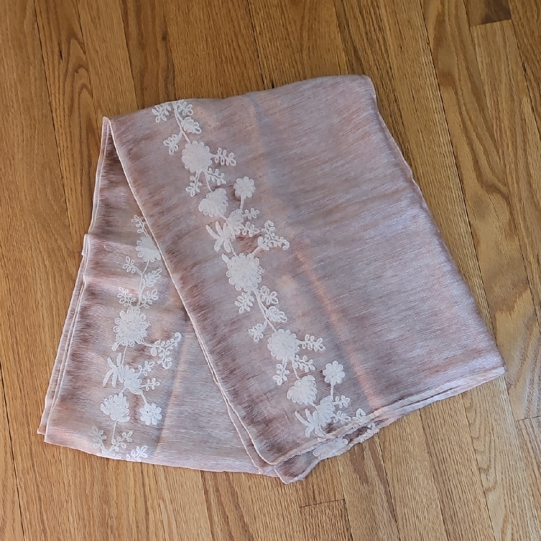 Silk And Cotton Pale Pink Scarf Or Wrap With White Floral Embroidery